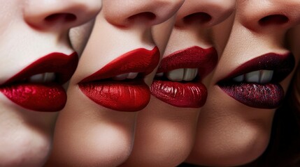 Naklejka premium 7 different shadows of the red colour aplied on one lips. Close up. with generative ai