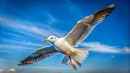 Naklejka premium Seagull flying gracefully in the clear sky, seagull, bird, wildlife, nature, sky, flying, wings, graceful, beauty, peaceful