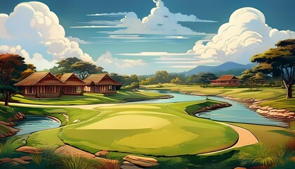 Golf cart car in fairway of golf course with fresh green grass field and cloud sky and tree and Thai House