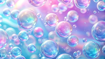 Abstract pastel pink and blue background with iridescent magical air bubbles, wallpaper with glass balls or water drops
