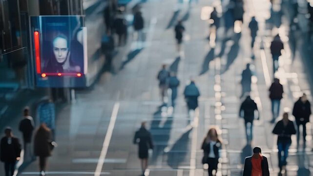 A crowd of anonymous people walk down a city street, with digital faces superimposed over them