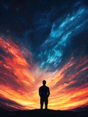 A silhouette of a person stands against a vibrant, colorful sunset, blending warm and cool tones in a stunning celestial backdrop.