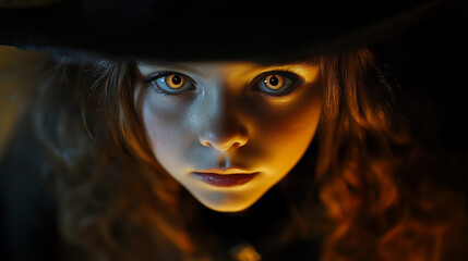 Close-up portrait of a young girl with big eyes dressed as a witch at a Halloween party, wearing a black hat and cloak.