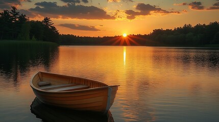 Naklejka premium Tranquility at Dusk. Peaceful sunset over a lakeshore with a wooden boat