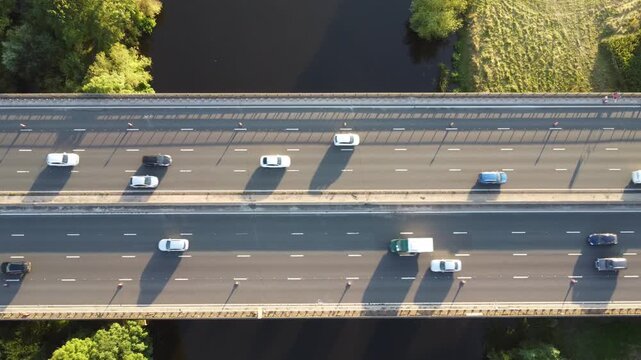 Aerial View of M1 Motorway Traffic, Derbyshire, United Kingdom