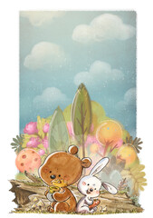 Fototapeta premium Bear and rabbit eating carrot and honey in the forest