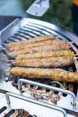  juicy kebabs on a barbecue grill with smoke. Relaxing and delicious barbecue in the backyard. A personal home outdoor grill using natural charcoal.Meat on fire.
