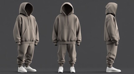 A man wearing a grey hoodie and sweatpants. This image can be used for fashion, streetwear, or lifestyle related projects.