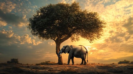 An elephant stands in front of a tree at sunset.