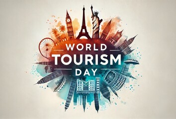 World tourism day watercolor poster illustration with famous world landmarks. 