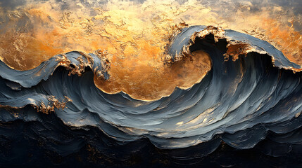 Abstract oil painting of black waves with gold highlights.