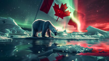 A polar bear on an ice floe with the Northern Lights and Canadian flag in the background