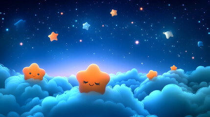 Cartoon star with eyelashes smiling happily on a fluffy cloud in a dark blue night sky with many stars.