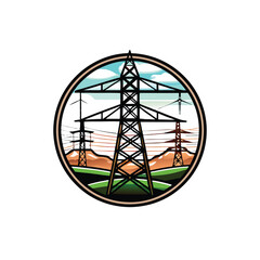 Minimalist vector graphic of a power transmission tower in a circle with a mountain landscape.