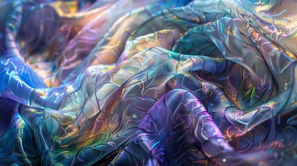 Naklejka premium Veils of iridescent mother-of-pearl draped over cascades of sapphire and jade, softly shimmering with the echo of distant celestial harmonies