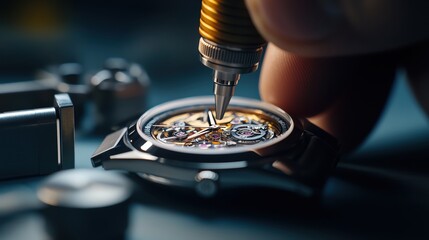 Close-up of a watchmaker repairing a luxury watch with precision tools, showcasing intricate mechanical details.