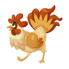 A cartoon rooster with vibrant red and yellow tail feathers, standing on one leg. The rooster is set against a white background. Concept of farm animals. Vector illustration