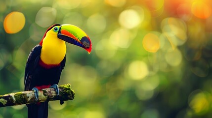 Obraz premium A toucan sitting on a branch with the Colombian flag and Amazon rainforest in the background