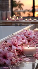 beautiful setup or orchid flowers and soap bars with candle for cosmetics and face wash natural 