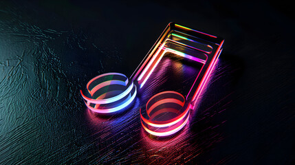Colorful, glowing music note on black background.