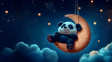 Fototapeta premium Cute panda sleeping on a crescent moon in a starry night sky.