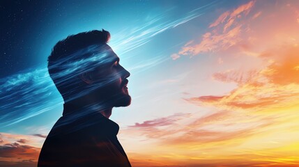Silhouette of a man against a vibrant sunset and dawn sky, symbolizing introspection and the transition of time.