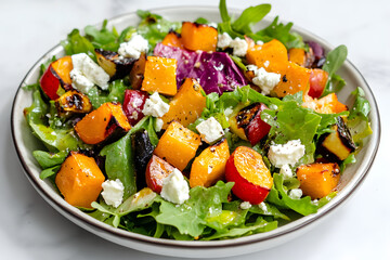 Generate a photo of food: Salad with roasted vegetables on a white marble table.