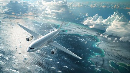 Obraz premium Commercial airliner soaring through a vast expanse of blue sky
