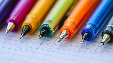 A collection of ballpoint pens in various colors laid out on a notepad page. The image highlights different ink pens for writing, representing an office stationery concept. 