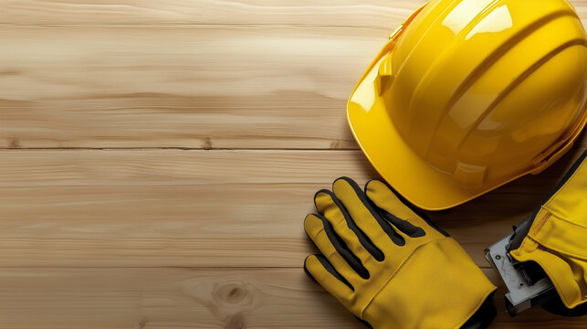 Yellow construction helmet and protective gloves placed on a wooden background, symbolizing safety and protection at a construction site, with space for text or branding, ideal for workplace safety ca