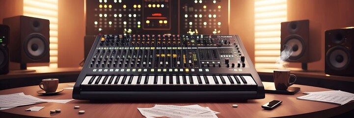 close up sound studio scene. Audio mixing console in a streaming