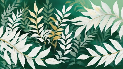 Decorative tropical leaf pattern bursts forth with intricate details against a calming green and white backdrop, celebrating nature's vibrant chaos