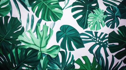 A vibrant display of tropical leaves bursts forth in a decorative painting with detailed artistry, set against a fresh green and white backdrop