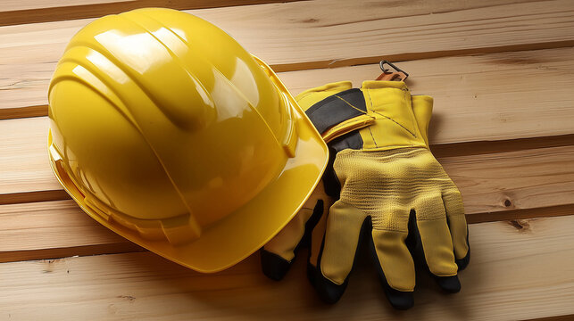 Yellow construction helmet and protective gloves placed on a wooden background, symbolizing safety and protection at a construction site, with space for text or branding, ideal for workplace safety ca