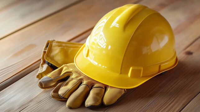 Yellow construction helmet and protective gloves placed on a wooden background, symbolizing safety and protection at a construction site, with space for text or branding, ideal for workplace safety ca