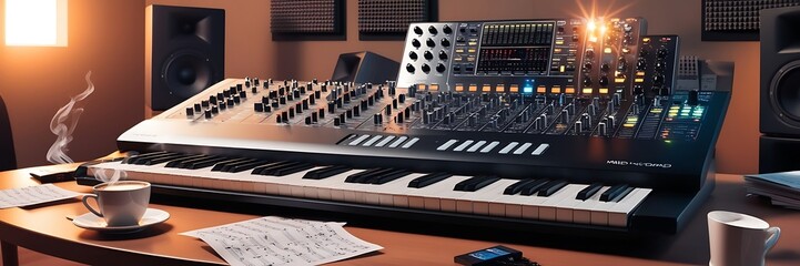 close up sound studio scene. Audio mixing console in a streaming