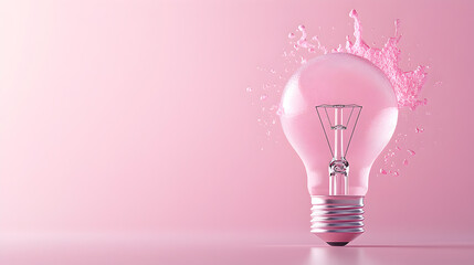 Pink light bulb with pink splash on a pink background.