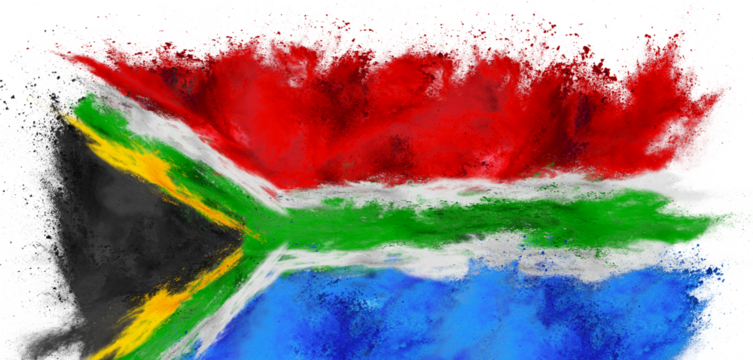 colorful flag of south africa with green yellow red black and blue  color holi paint powder explosion isolated white background. african national europe travel and tourism concept.