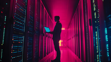 Silhouetted man with laptop in server room with pink and blue lighting.