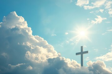 Christian cross appeared bright in the sky with soft fluffy clouds, white, beautiful colors. With the light shining as hope, love and freedom in the sky background , ai