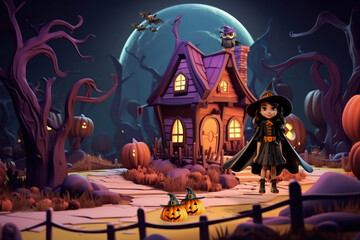 3D Halloween witch by a haunted house remix