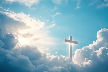 Christian cross appeared bright in the sky with soft fluffy clouds, white, beautiful colors. With the light shining as hope, love and freedom in the sky background , ai