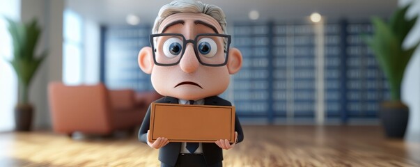 A worried cartoon character holding a blank sign, conveying feelings of concern or uncertainty in a modern office environment.