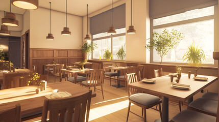 Wooden tables and chairs in a sunlit dining room with large windows.