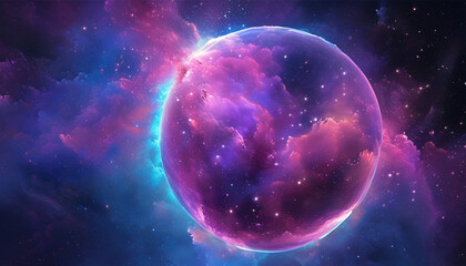 Obraz premium Abstract purple, lilac energy sphere particles and waves magical glow on dark background. Eerie geometric grid adds depth.