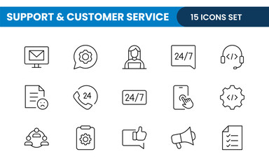 Support and customer service outline style modern icons set. Customer Feedback, Response, experience, helpline and technical support icon illustration