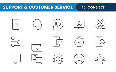 Support and customer service outline style modern icons set. Customer Feedback, Response, experience, helpline and technical support icon illustration