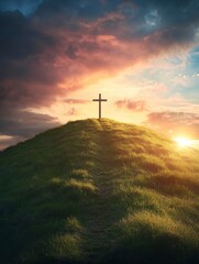 Obraz premium Cristian cross on top of a green hill at sunset , ai