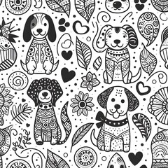 Seamless Pattern with Cute Dogs and Floral Motifs