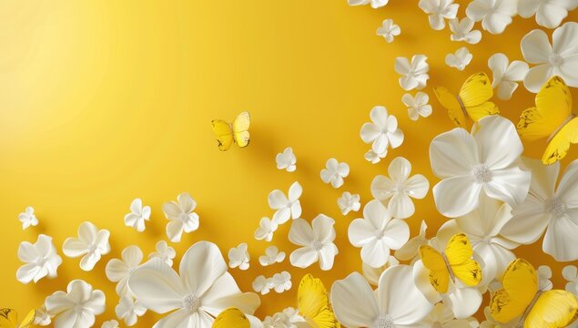 Yellow background with white flowers and yellow butterflies creating a vibrant, cheerful atmosphere